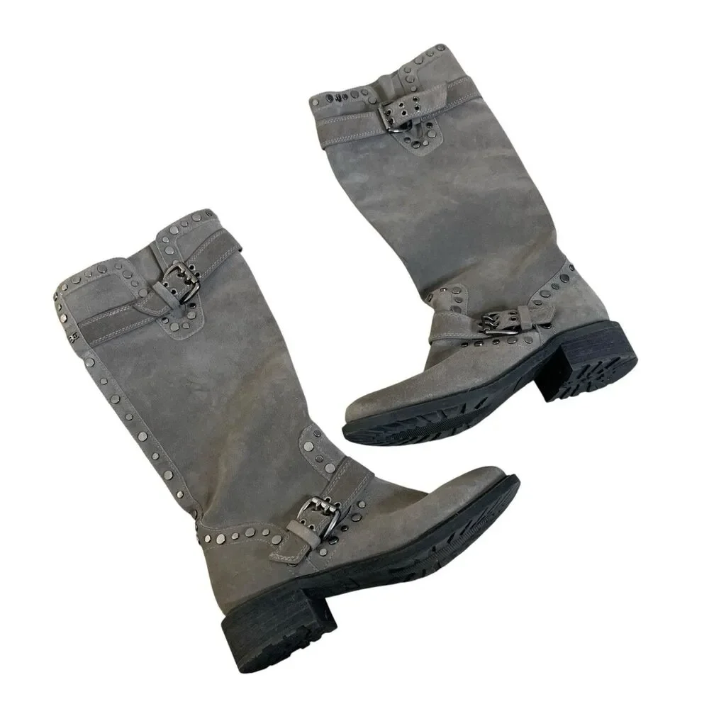 Sam Edelman Suede Studded Knee High Boots Women's Biker Rugged Sz 7.5 Grey - Picture 2 of 12